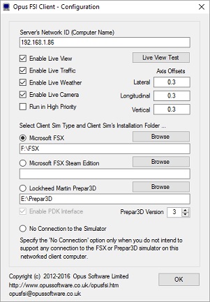 OpusFSI Client Configure dialog
