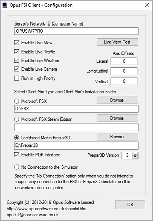 OpusFSI Client Configure dialog