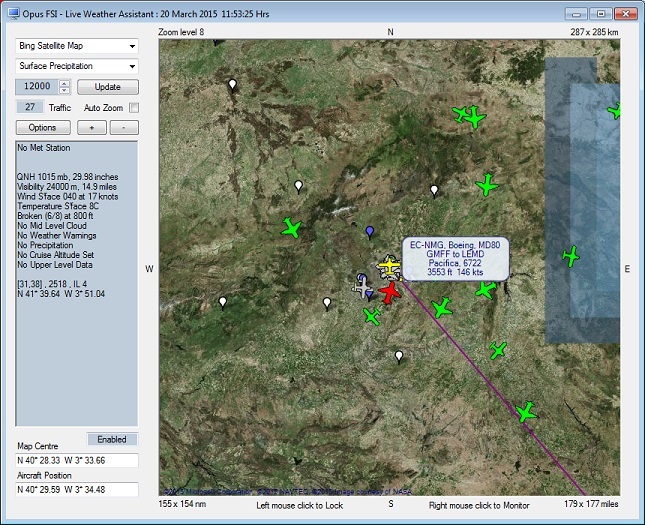 OpusFSI LWA Surface Precipitation map showing flight plan route and wind arrows