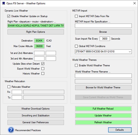 OpusFSI Server Weather dialog